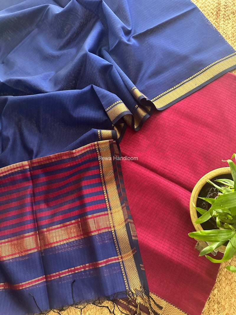 Maheshwari Magenta-Blue Zari Border Dress Material MSBS016