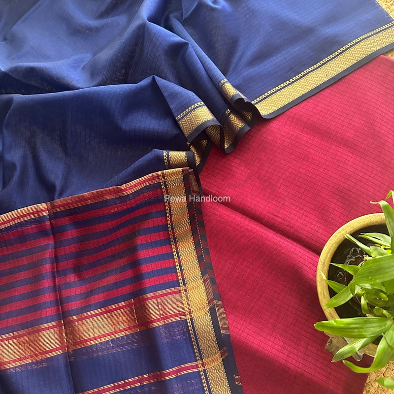 Maheshwari Magenta-Blue Zari Border Dress Material MSBS016