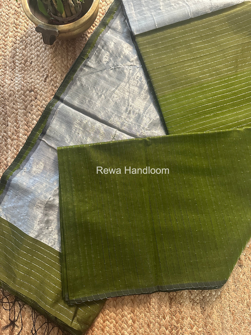 Maheshwari Mehendi Green Silver Tissue Lining Saree TSLS09