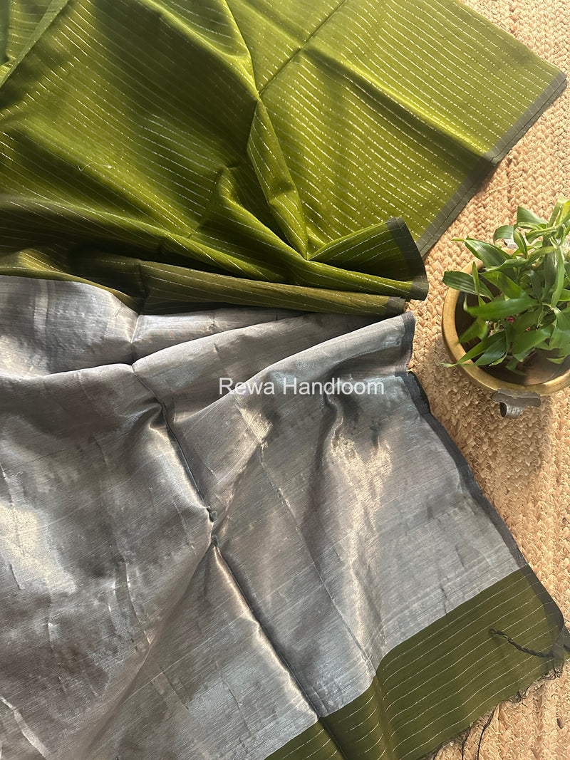 Maheshwari Mehendi Green Silver Tissue Lining Saree TSLS09