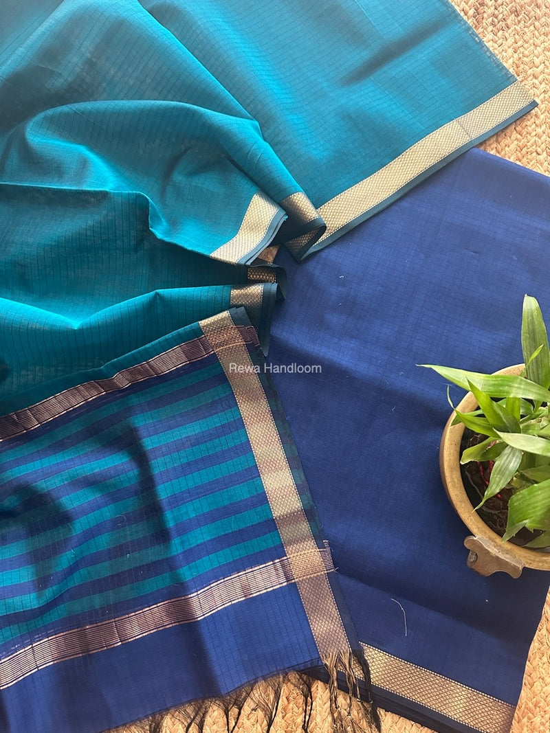 Maheshwari Blue-Rama Green Zari Border Dress Material MSBS017