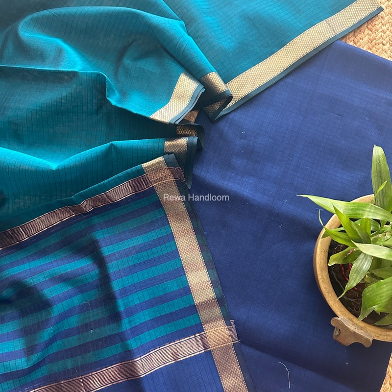 Maheshwari Blue-Rama Green Zari Border Dress Material MSBS017