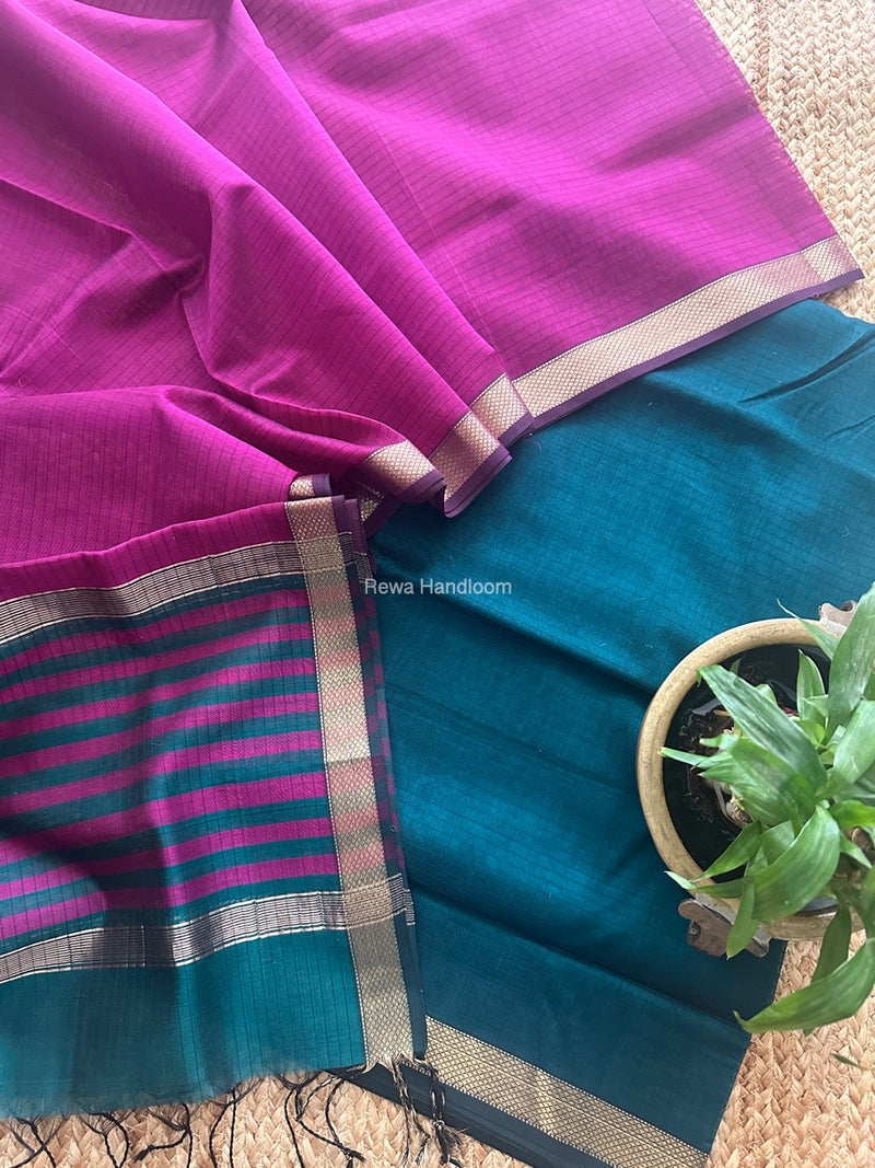 Maheshwari Green-Magenta Zari Border Dress Material MSBS019