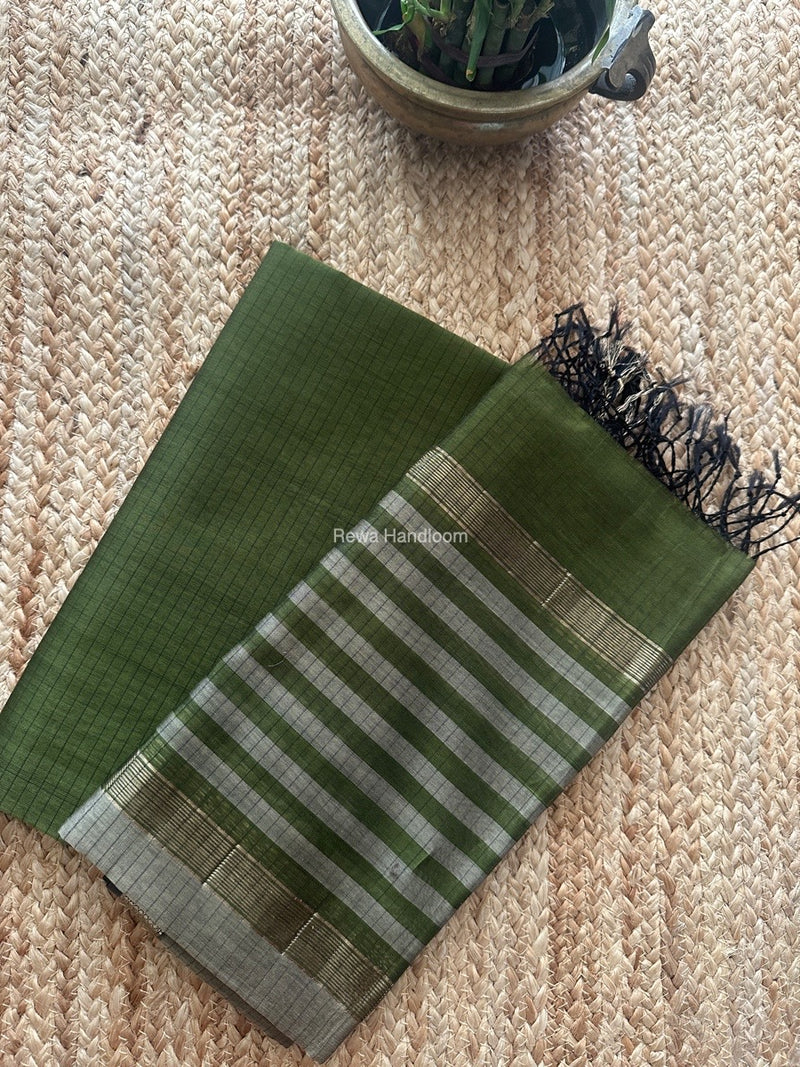 Maheshwari Mehendi Green-Beige Zari Border Dress Material MSBS020