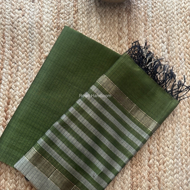 Maheshwari Mehendi Green-Beige Zari Border Dress Material MSBS020