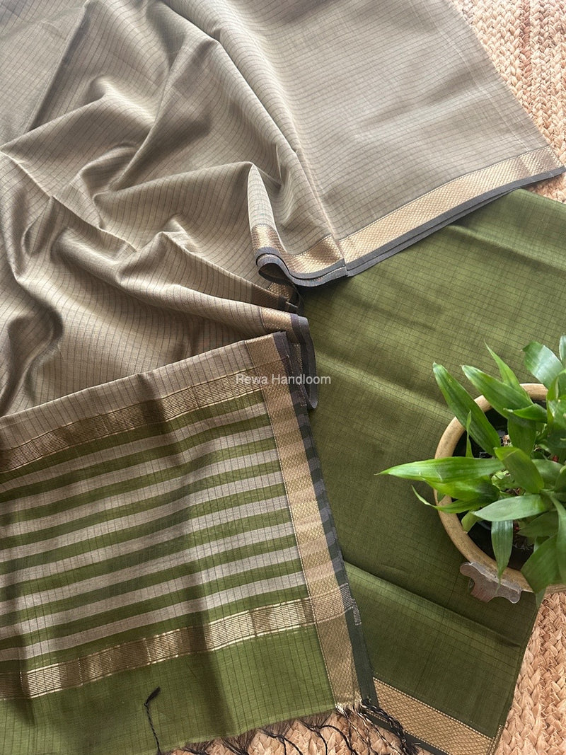 Maheshwari Mehendi Green-Beige Zari Border Dress Material MSBS020