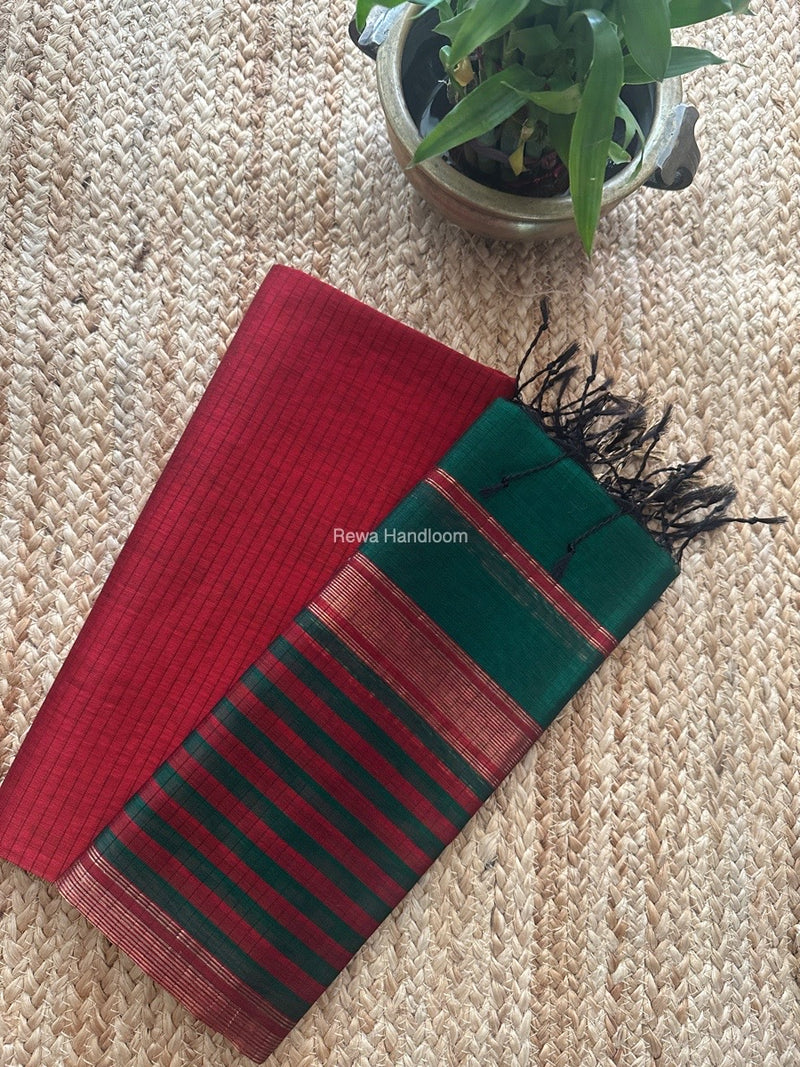 Maheshwari Red-Green Zari Border Dress Material MSBS021