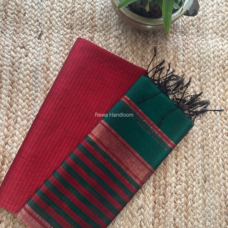 Maheshwari Red-Green Zari Border Dress Material MSBS021