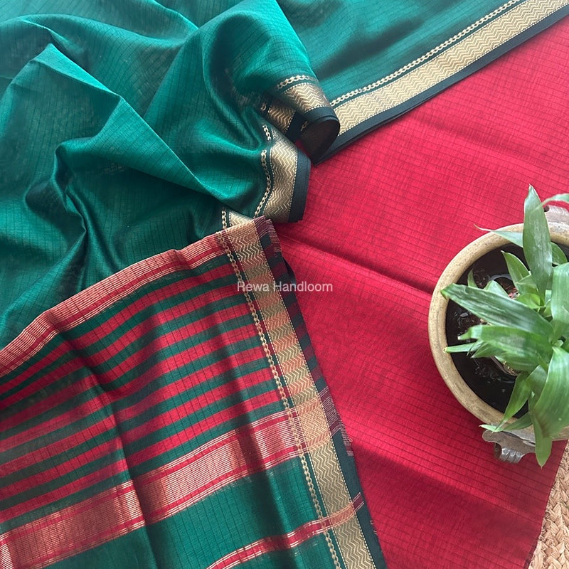 Maheshwari Red-Green Zari Border Dress Material MSBS021
