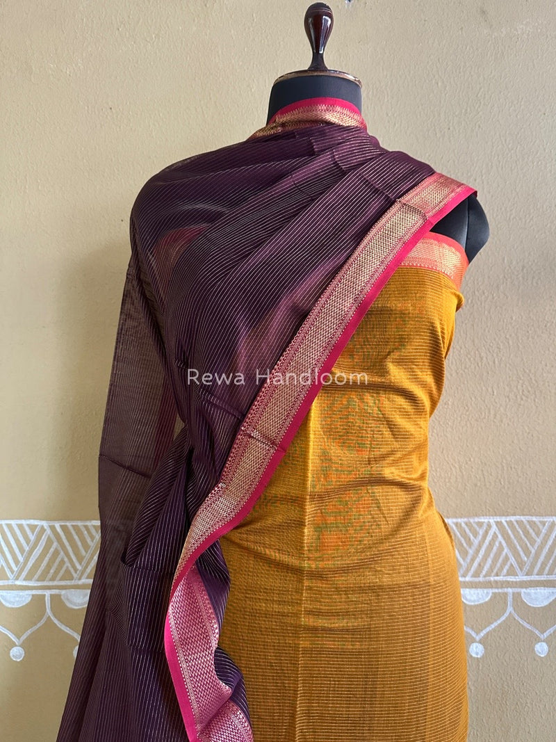 Maheshwari Mustard Yellow-Wine Tissue Top-Dupatta TTP022