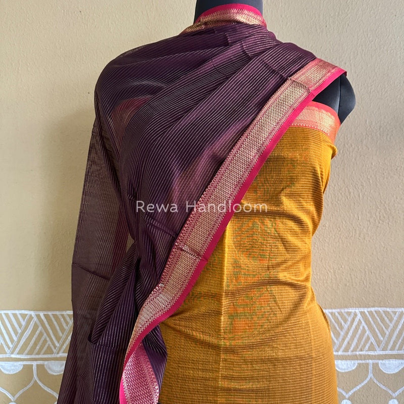 Maheshwari Mustard Yellow-Wine Tissue Top-Dupatta TTP022