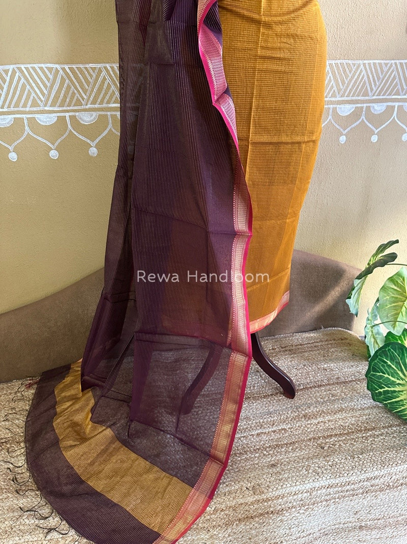 Maheshwari Mustard Yellow-Wine Tissue Top-Dupatta TTP022