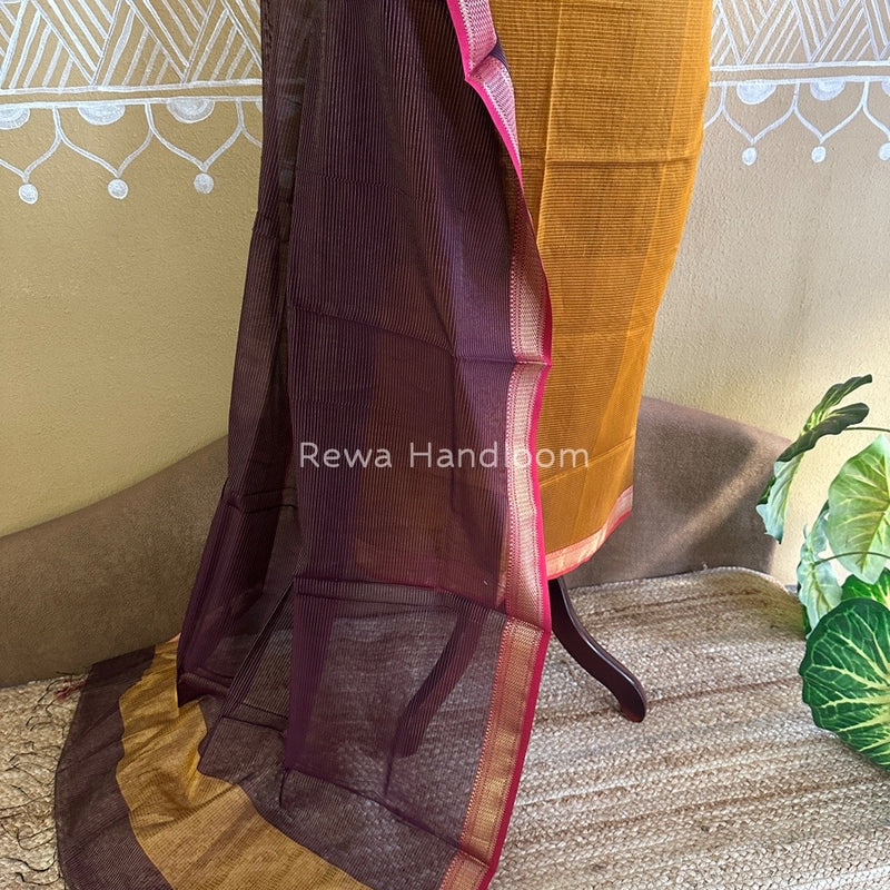 Maheshwari Mustard Yellow-Wine Tissue Top-Dupatta TTP022