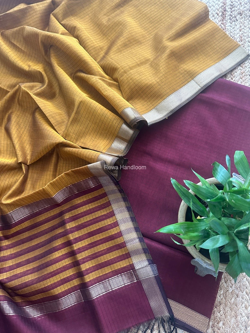 Maheshwari Maroon-Mustard Yellow Zari Border Dress Material MSBS022