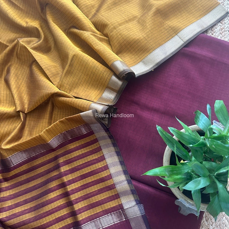 Maheshwari Maroon-Mustard Yellow Zari Border Dress Material MSBS022