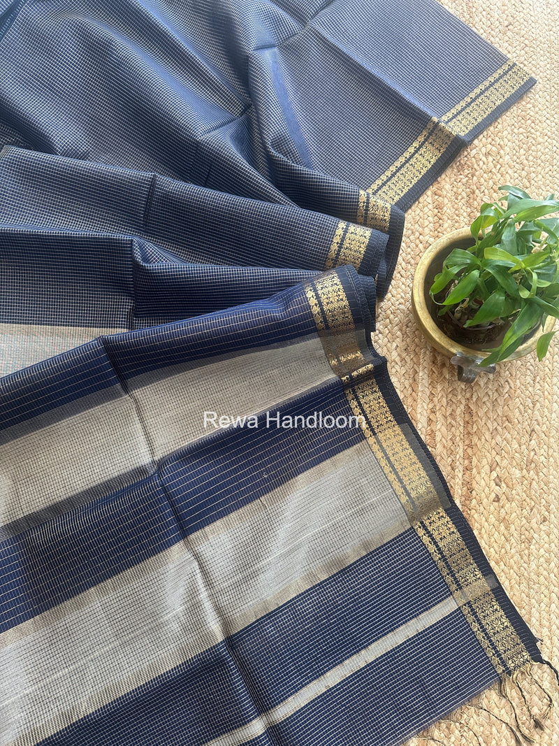 Maheshwari Navy Blue Tissue Silk Saree TCB0072