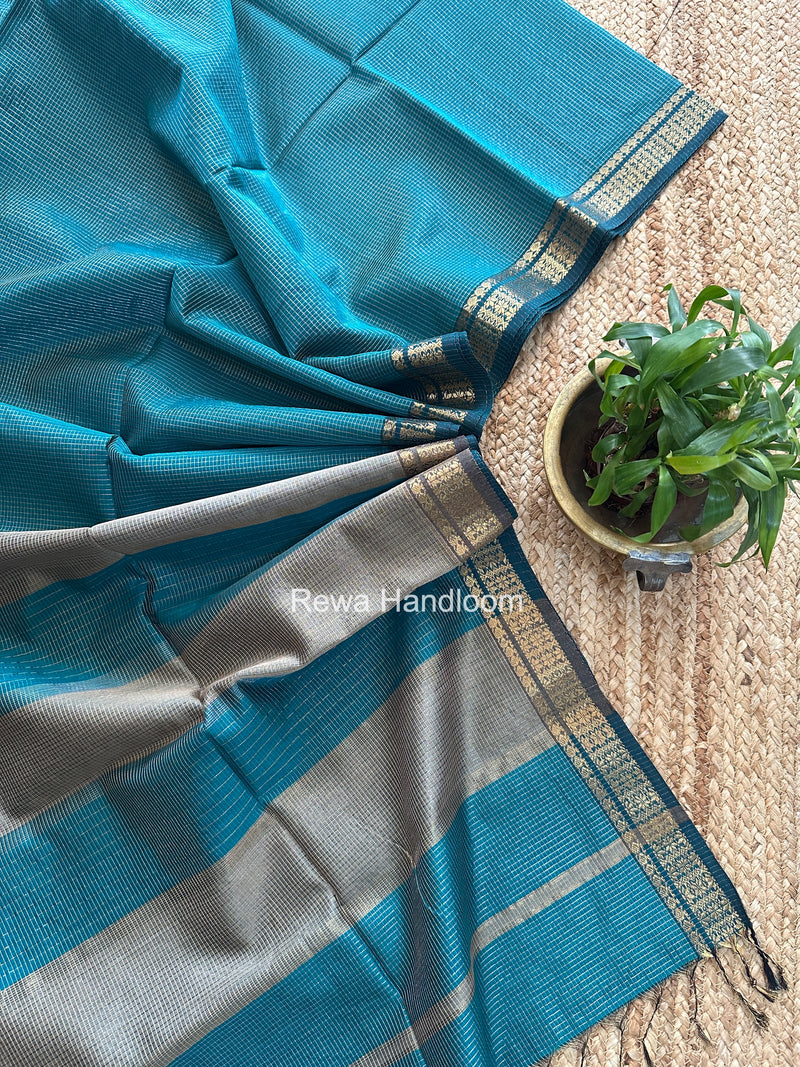 Maheshwari Dark Aqua Green Tissue Silk Saree TCB0081