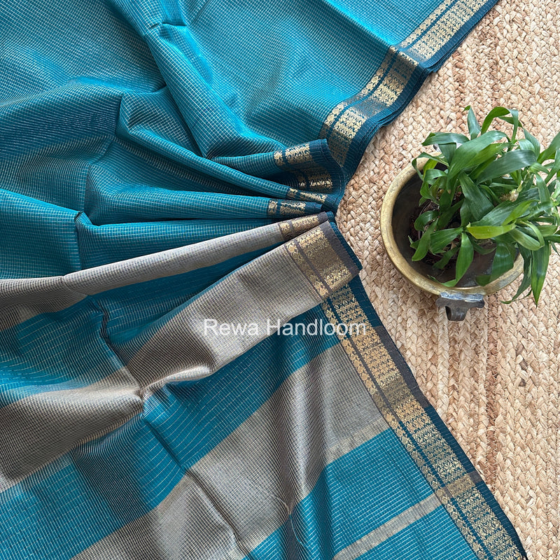 Maheshwari Dark Aqua Green Tissue Silk Saree TCB0081