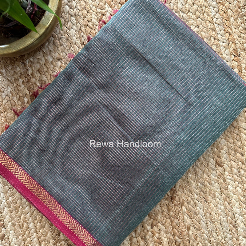 Maheshwari Dark Mint Green Tissue Silk Saree TCB0087 Rewa Handloom