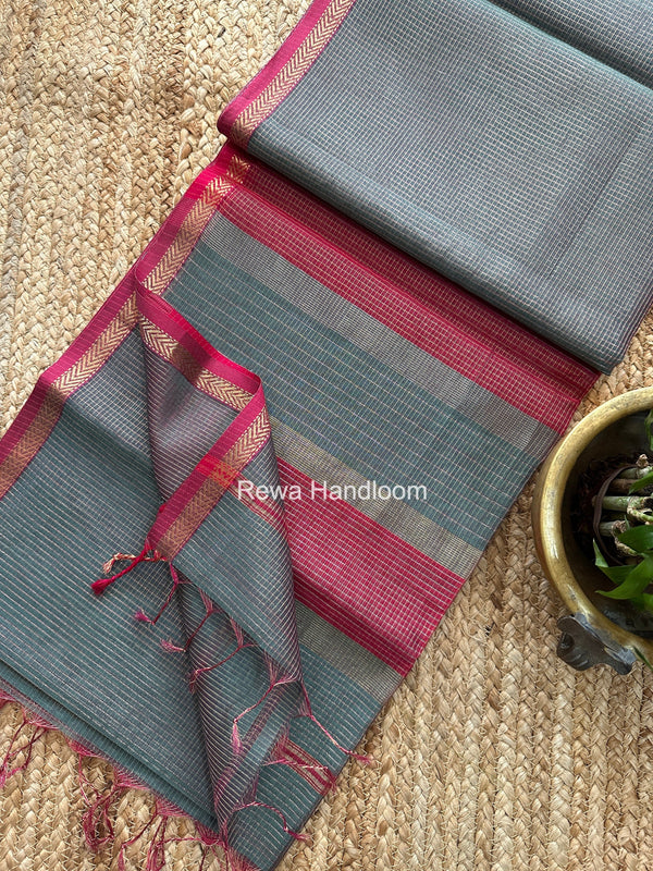 Maheshwari Dark Mint Green Tissue Silk Saree TCB0087 Rewa Handloom