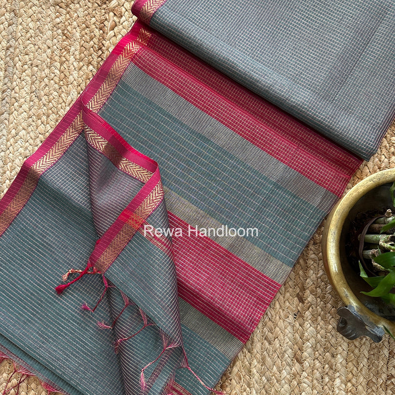 Maheshwari Dark Mint Green Tissue Silk Saree TCB0087 Rewa Handloom
