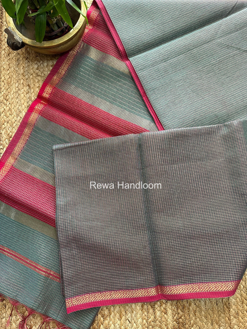 Maheshwari Dark Mint Green Tissue Silk Saree TCB0087 Rewa Handloom