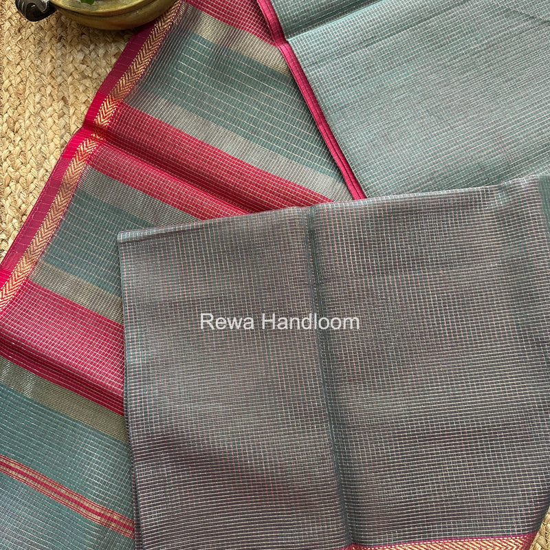 Maheshwari Dark Mint Green Tissue Silk Saree TCB0087 Rewa Handloom
