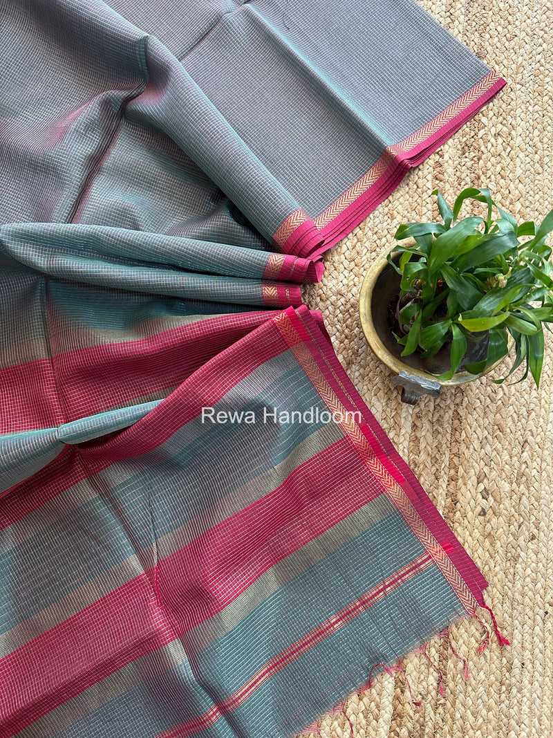Maheshwari Dark Mint Green Tissue Silk Saree TCB0087 Rewa Handloom