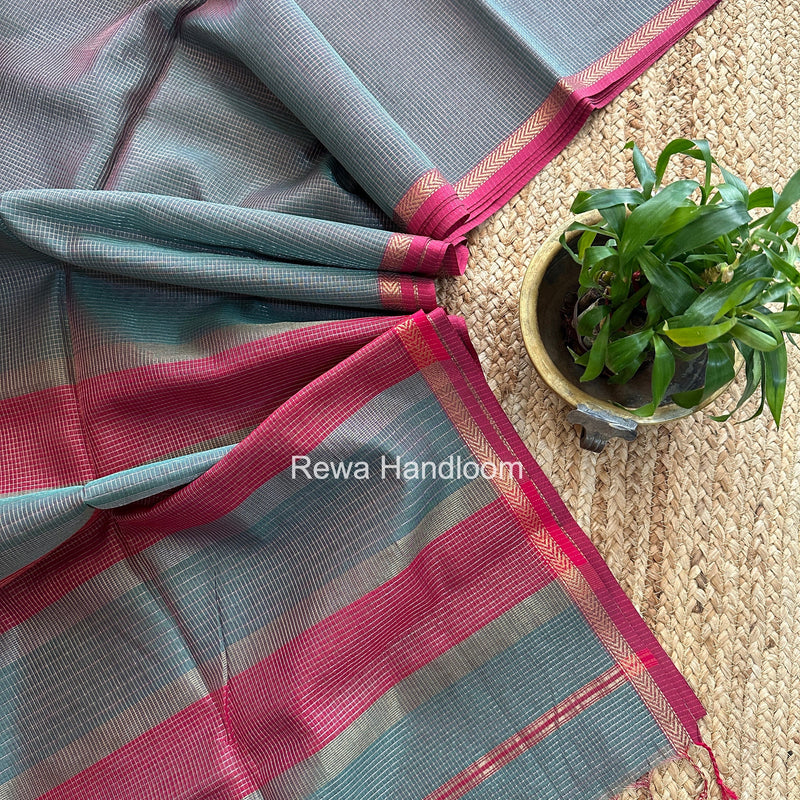 Maheshwari Dark Mint Green Tissue Silk Saree TCB0087 Rewa Handloom