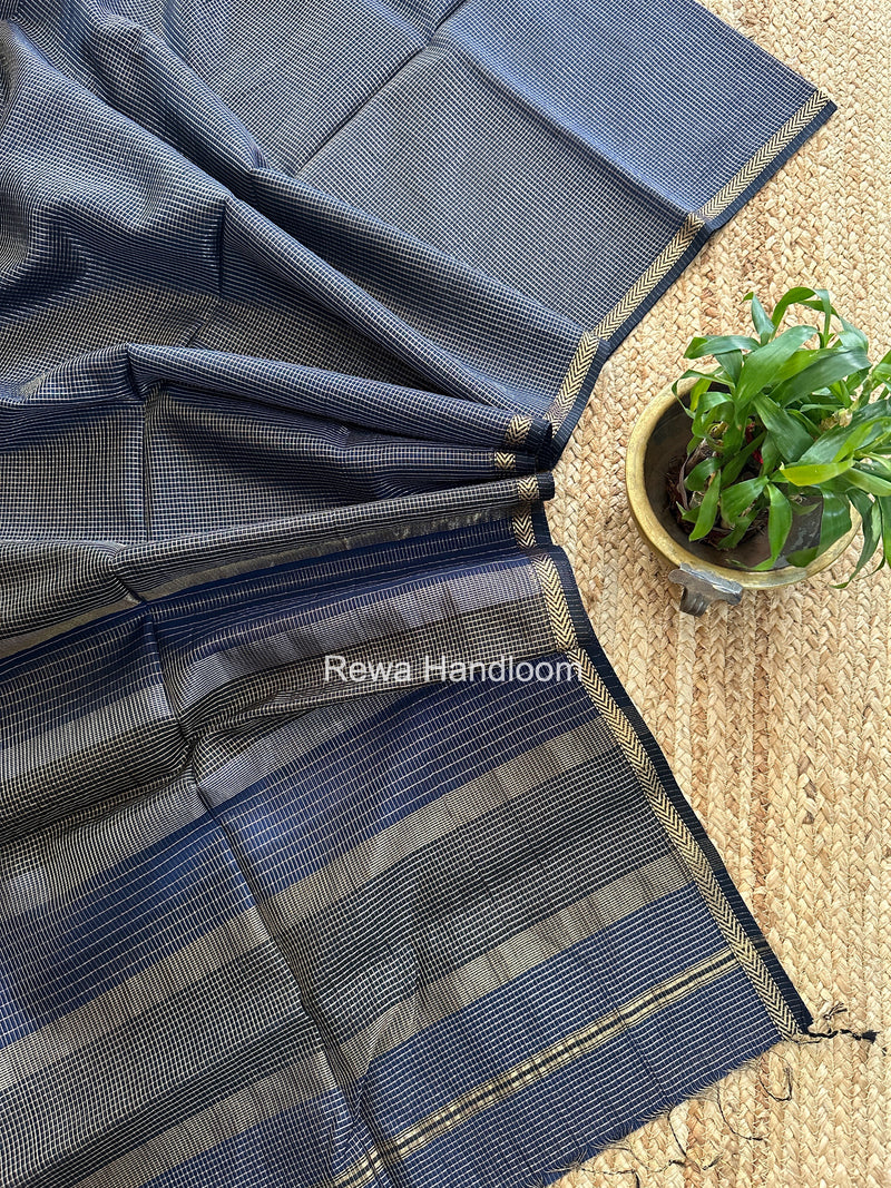Maheshwari Navy Blue Tissue Silk Saree TCB0088