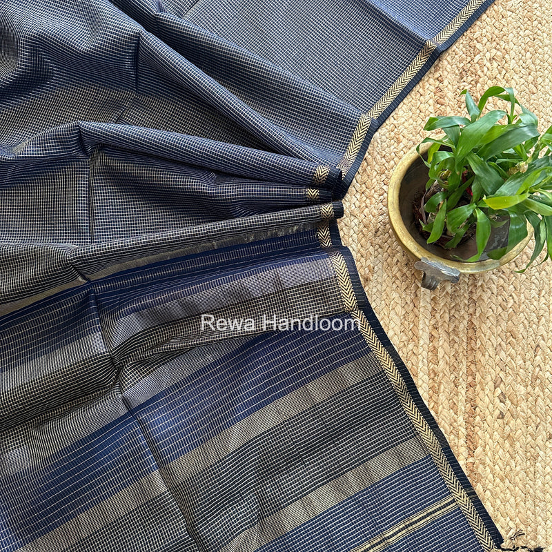 Maheshwari Navy Blue Tissue Silk Saree TCB0088