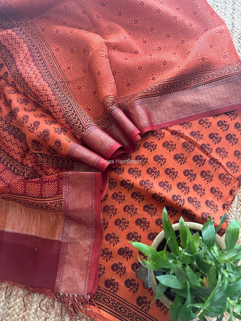 Maheshwari Orange Bagh Print Top-Dupatta Set BTD01