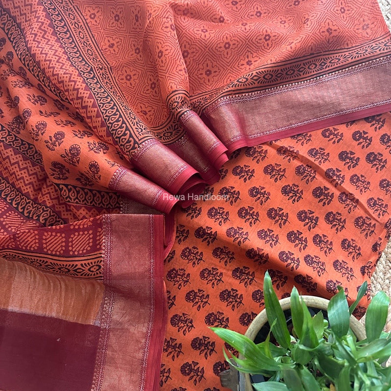 Maheshwari Orange Bagh Print Top-Dupatta Set BTD01