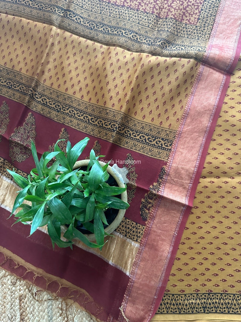 Maheshwari Mustard Yellow Bagh Print Top-Dupatta Set BTD03