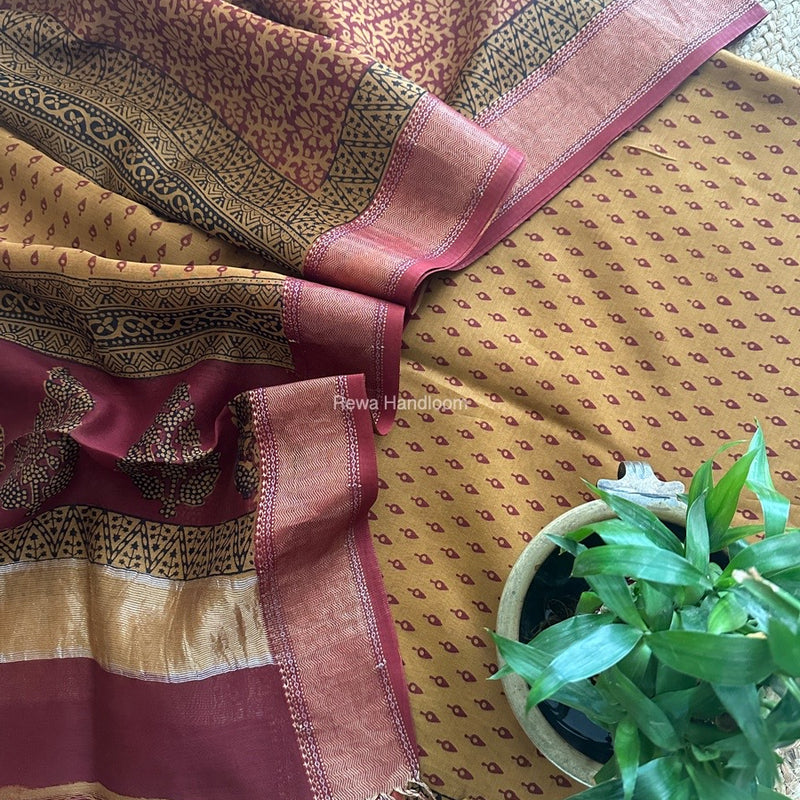 Maheshwari Mustard Yellow Bagh Print Top-Dupatta Set BTD03