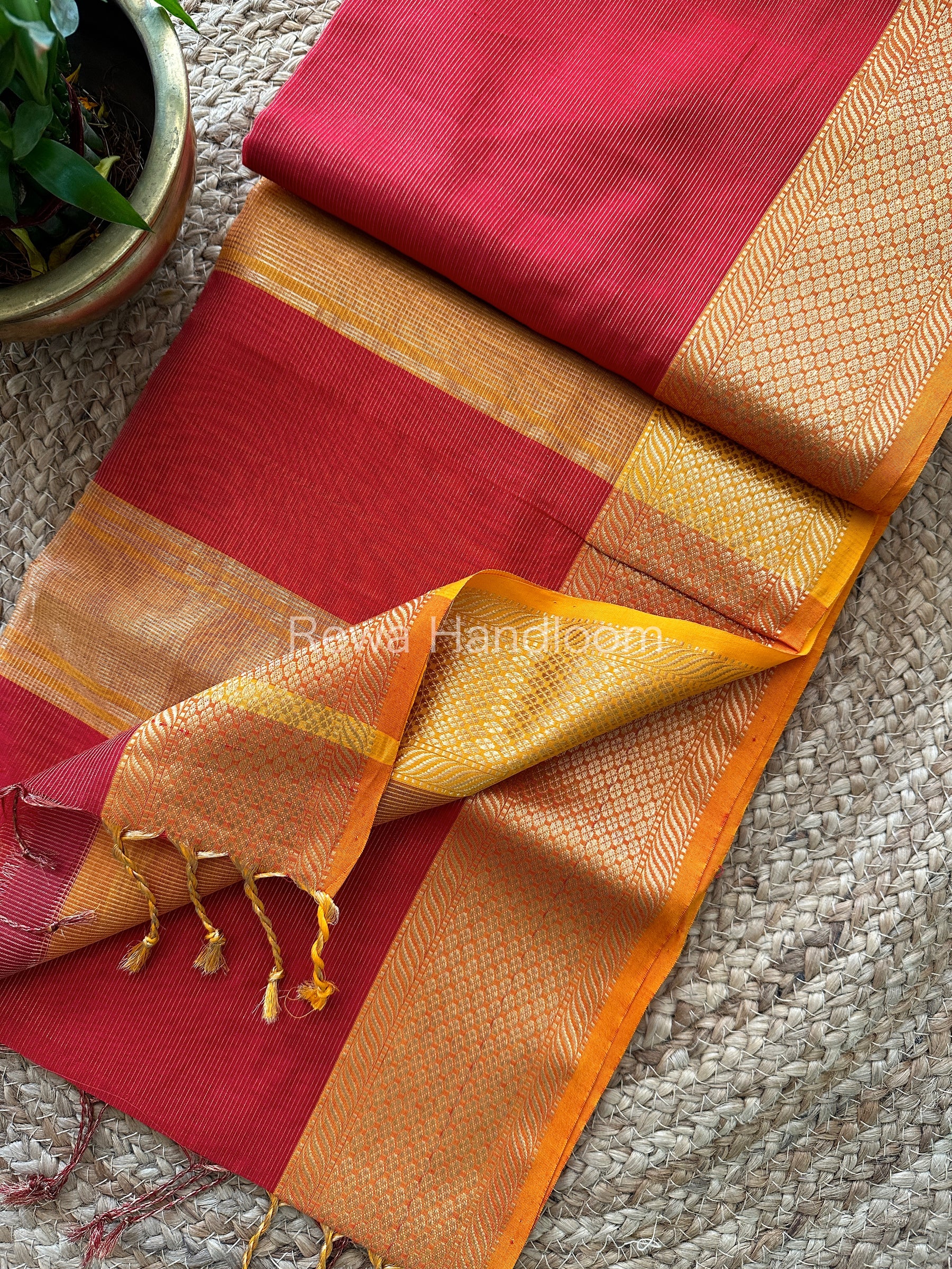 Maheshwari Red Tissue Silk Saree-TCS05