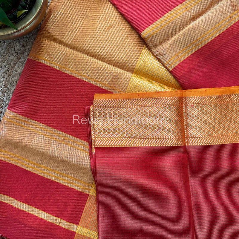 Maheshwari Red Tissue Silk Saree-TCS05