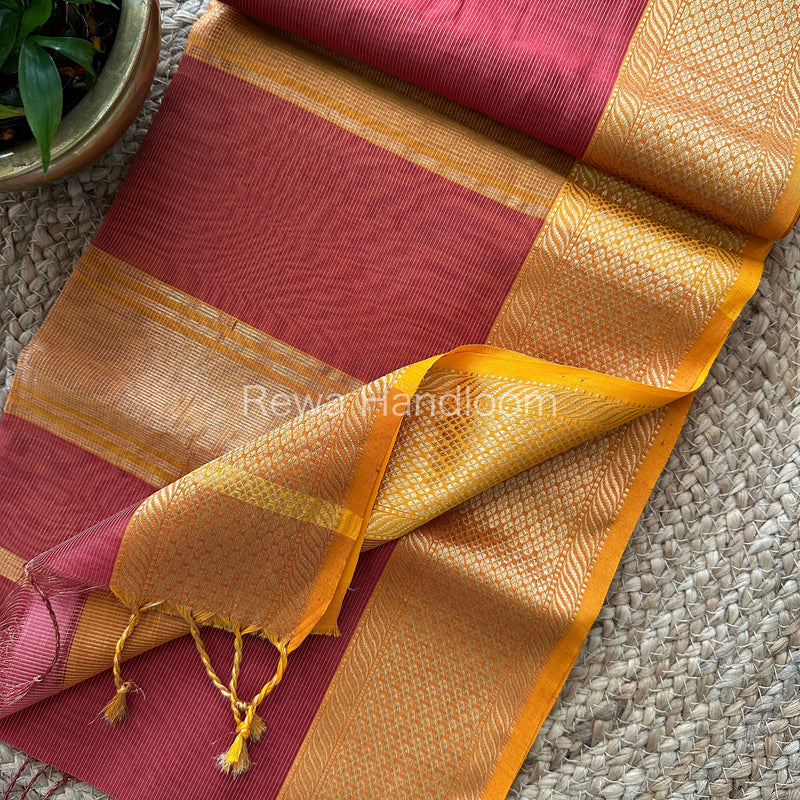 Maheshwari Orange Tissue Silk Saree-TCS04