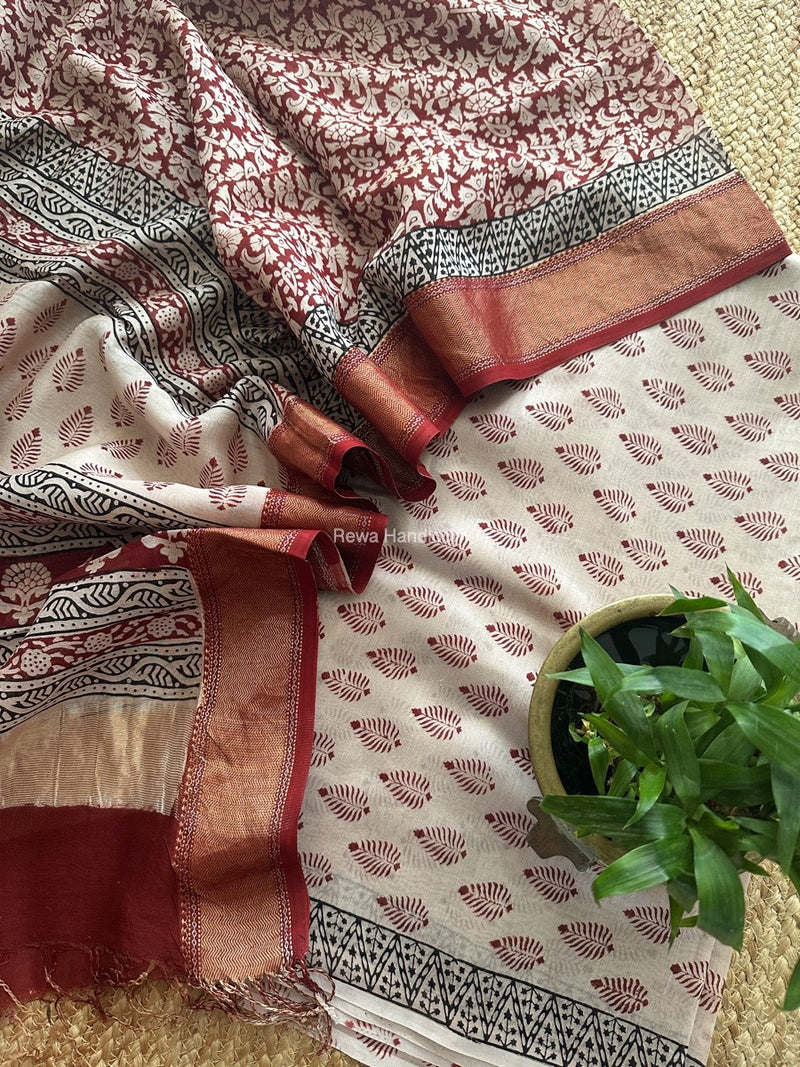 Maheshwari Off White Bagh Print Top-Dupatta Set BTD04