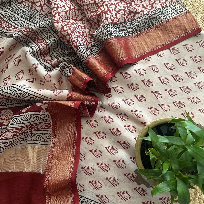 Maheshwari Off White Bagh Print Top-Dupatta Set BTD04