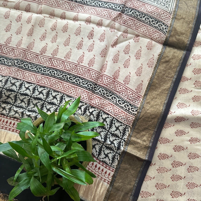 Maheshwari Off White Bagh Print Top-Dupatta Set BTD06