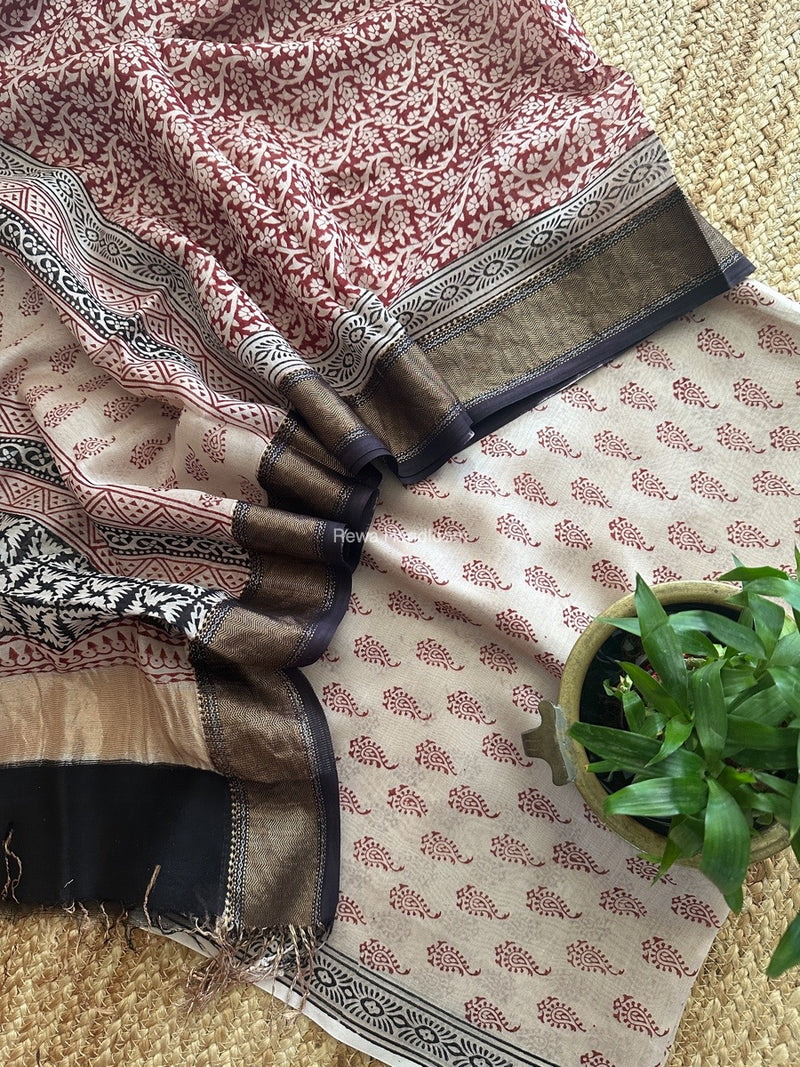 Maheshwari Off White Bagh Print Top-Dupatta Set BTD06