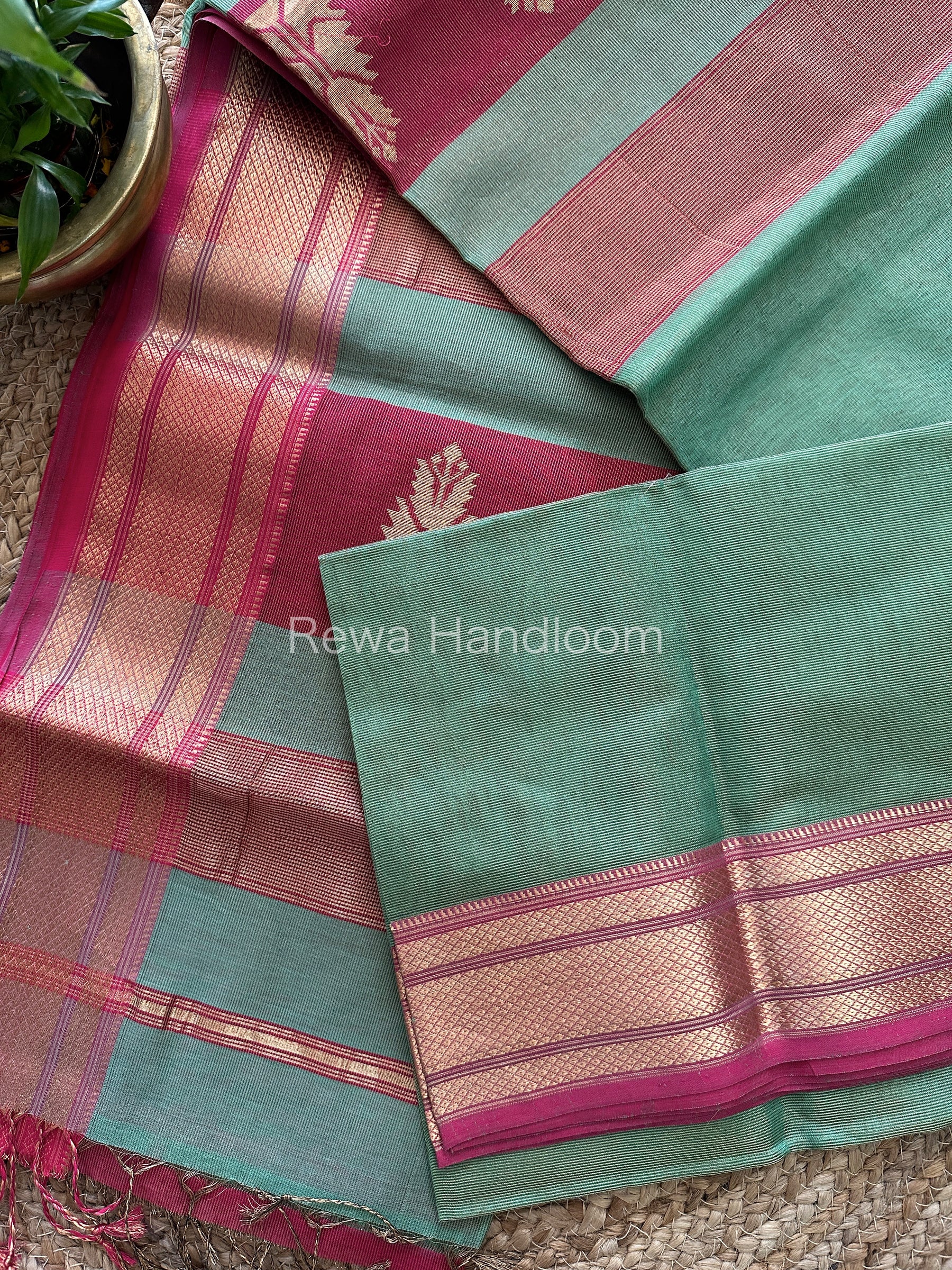 Maheshwari Sea Green Tissue Silk Saree-TBS03