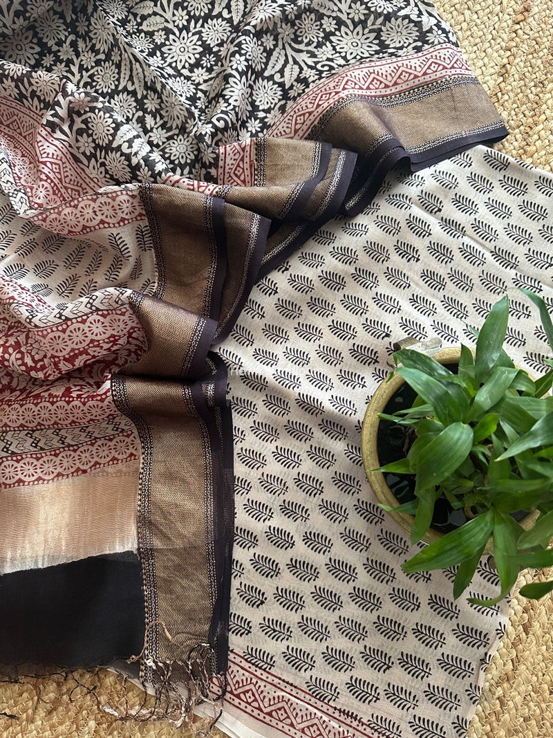 Maheshwari White Bagh Print Top-Dupatta Set BTD011