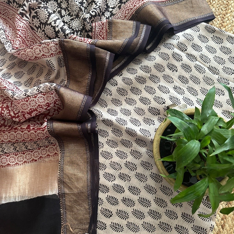 Maheshwari White Bagh Print Top-Dupatta Set BTD011