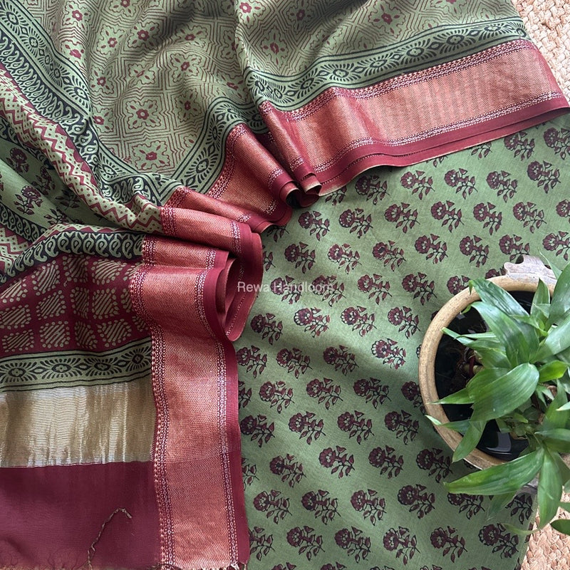 Maheshwari Mehendi Green Bagh Print Top-Dupatta Set BTD022