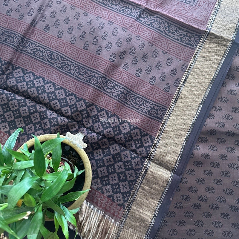 Maheshwari Coffee Brown Bagh Print Top-Dupatta Set BTD023