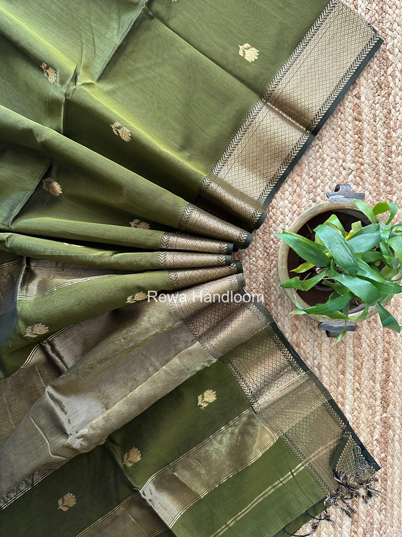 Maheshwari Mehendi Green Lotus Butta Saree LLBS079