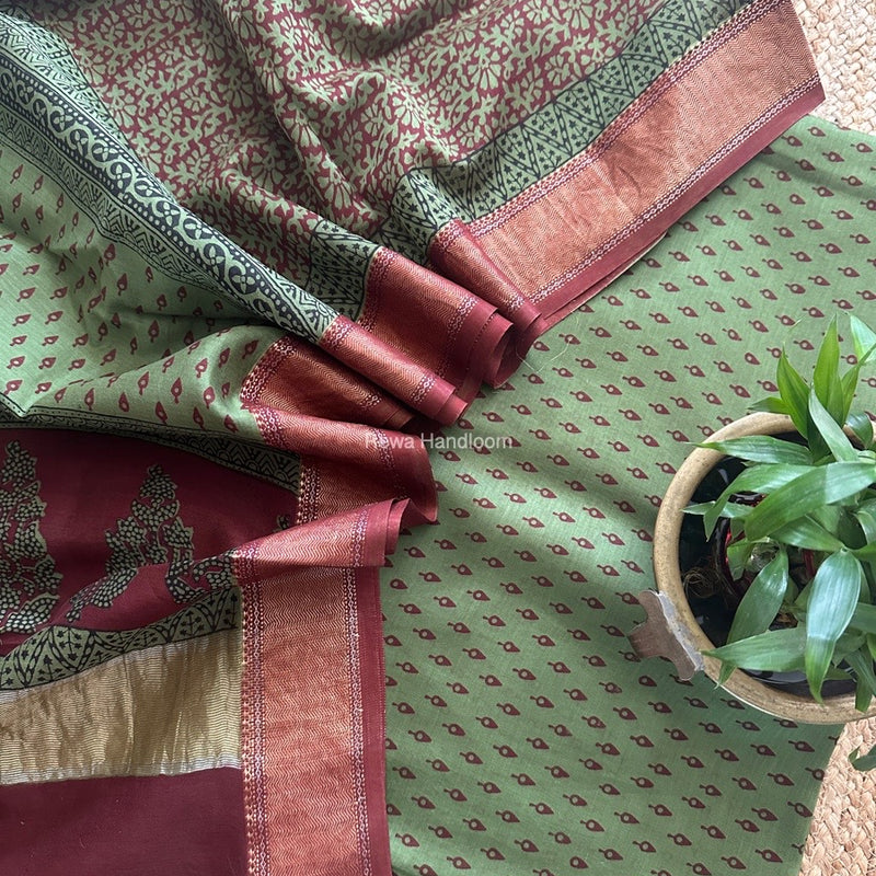 Maheshwari Green Bagh Print Top-Dupatta Set BTD024