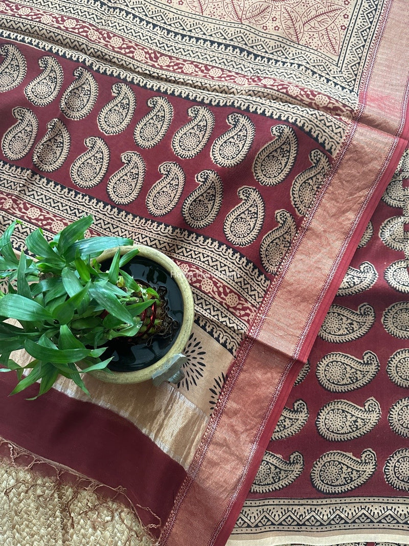 Maheshwari Maroon Bagh Print Top-Dupatta Set BTD019